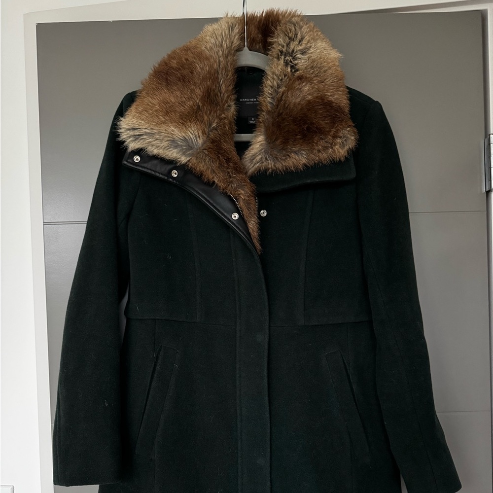 Marc New York Forest Green Wool Coat with Faux Fur Collar
